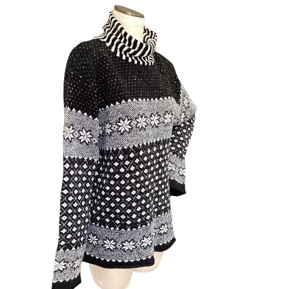 Crossing Pointe Turtleneck Sweater Nordic Fair Isle XL Black Gray White #177F - Picture 2 of 7